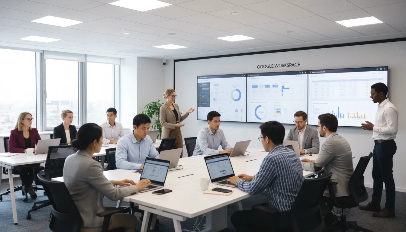 Equipe em escritório moderno utilizando ferramentas Google Workspace em ambiente colaborativo e produtivo.