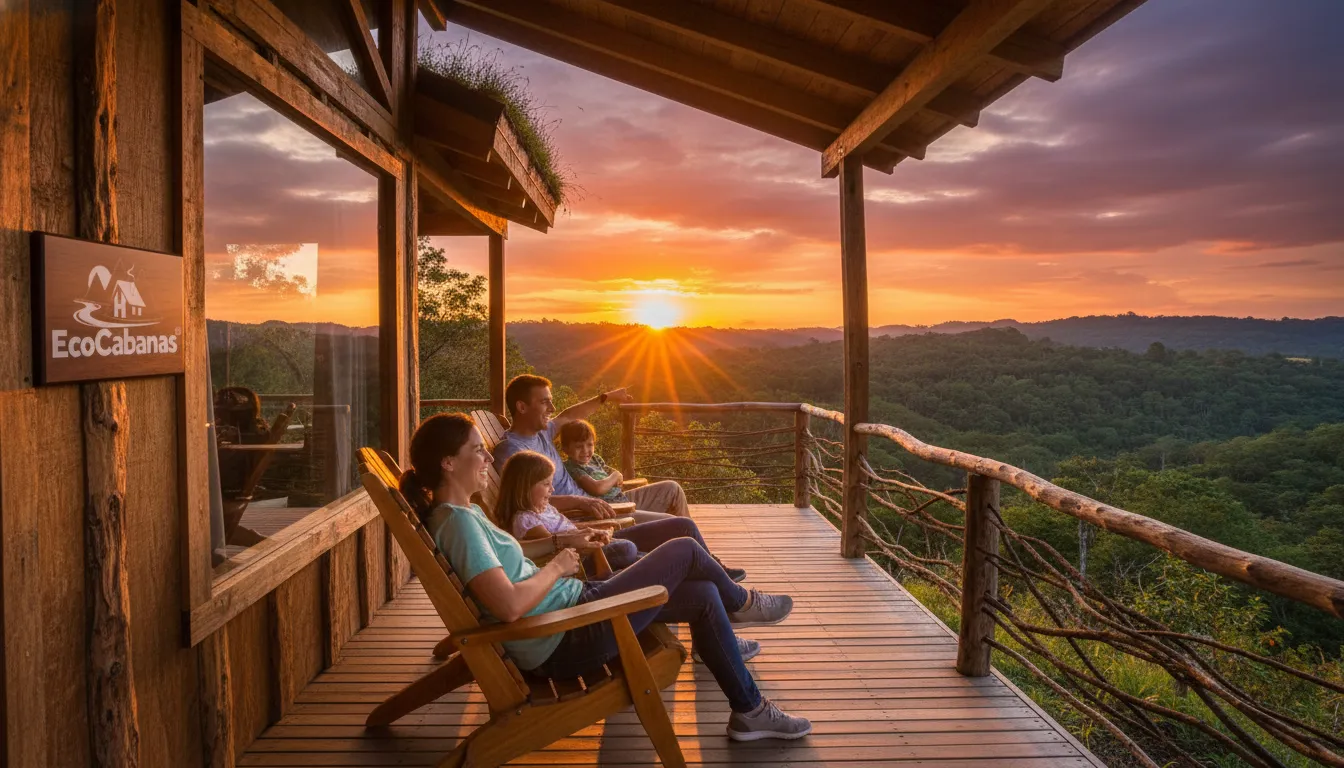Família feliz assistindo ao pôr do sol na varanda de sua cabana no condomínio rural, cercada pela natureza.