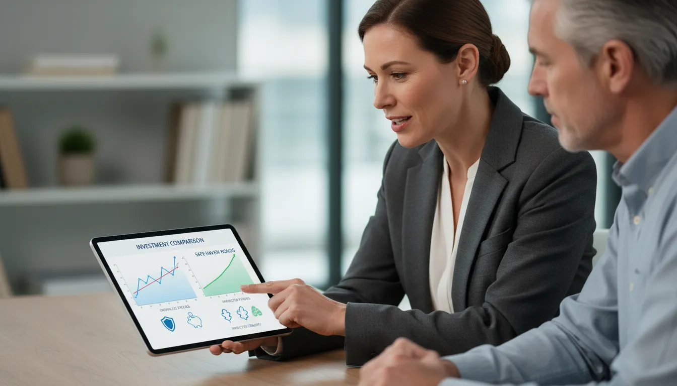 Assessor financeiro mostrando comparativo de investimentos seguros e rentáveis para cliente