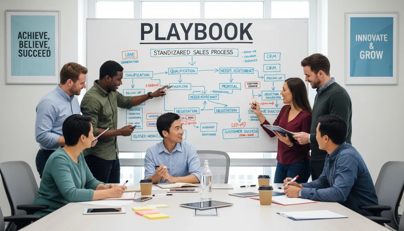 Equipe de vendas colaborando em um playbook de vendas em um quadro branco, definindo processos e scripts. Melhore suas melhores práticas de vendas e o onboarding comercial.