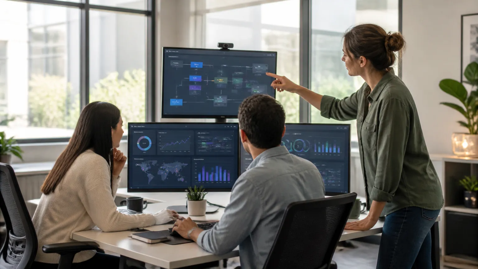 Equipe comercial utilizando atendimento hibrido e CRM inteligente 24 horas.