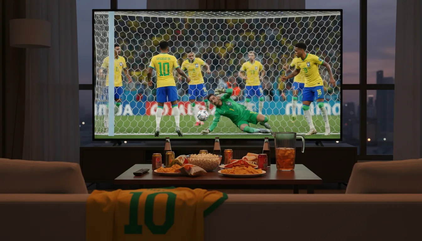 TV mostrando um momento emocionante da seleção brasileira copa 2026, com camisa e petiscos.