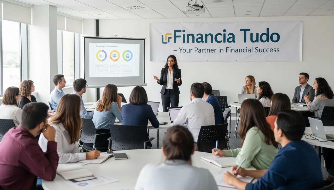 Pessoas participando de um workshop de educação financeira da Financia Tudo, aprendendo sobre a importância do orçamento familiar.