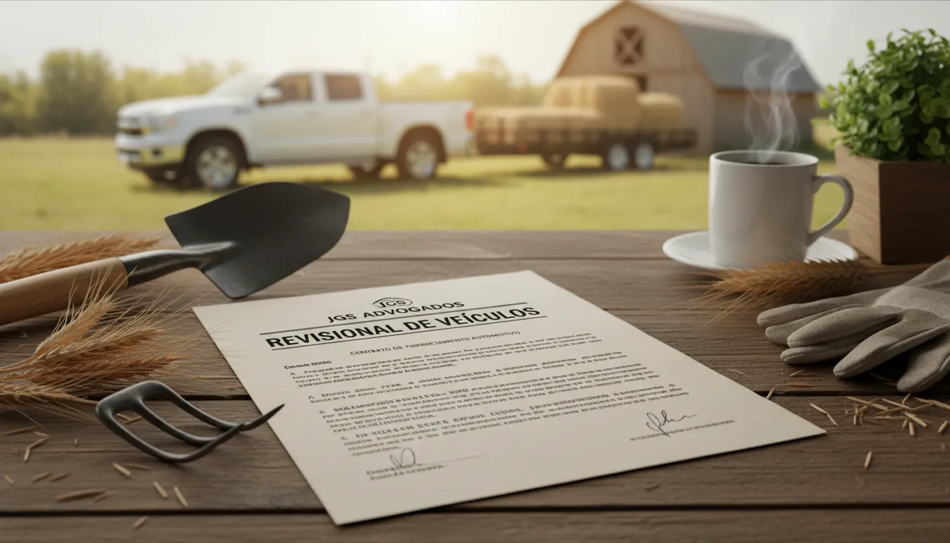 Documentos legais e ferramentas agrícolas representando serviços jurídicos.