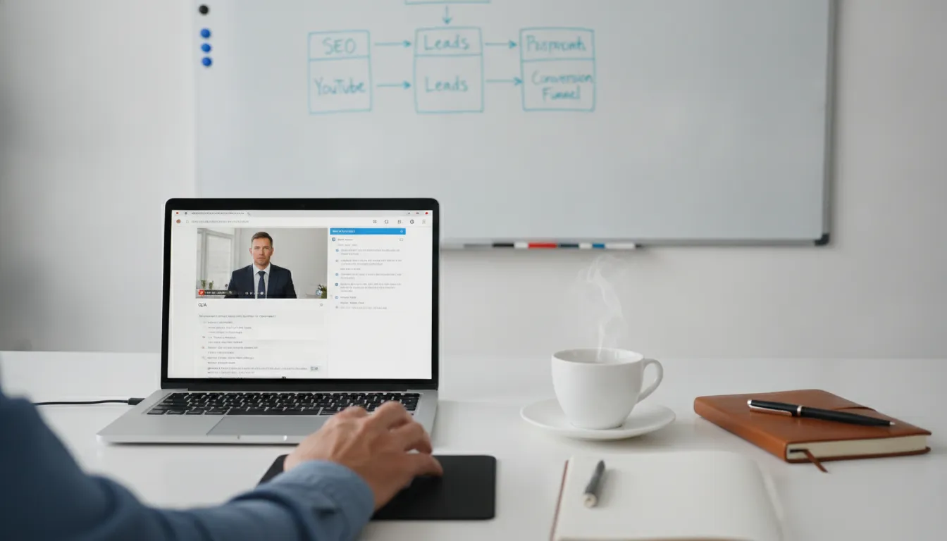 Mesa de trabalho organizada com laptop exibindo webinar e quadro branco com estratégias de conversão.