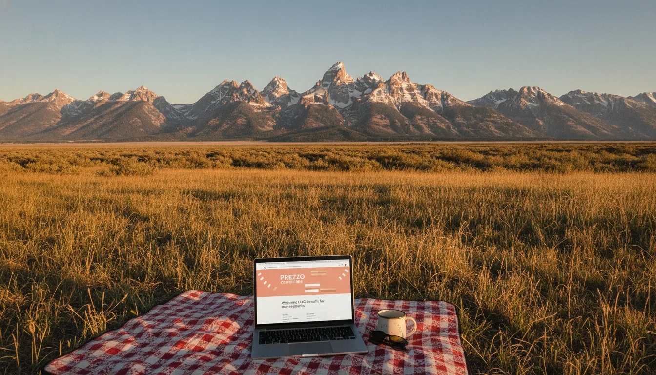 Paisagem de Wyoming com laptop aberto, destacando wyoming llc benefits para não residentes e Prezzo Consulting.