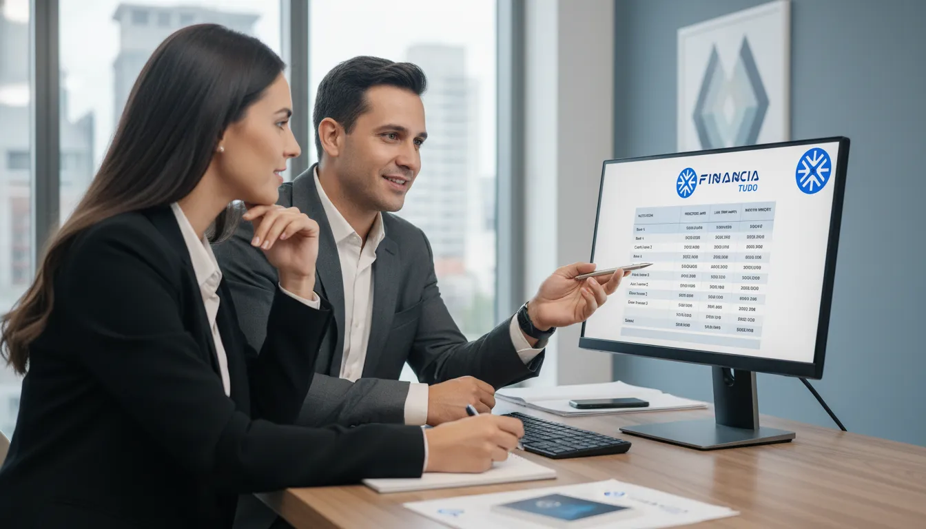 Consultor financeiro explica opções de financiamento de veículos com menores juros para cliente em ambiente profissional.