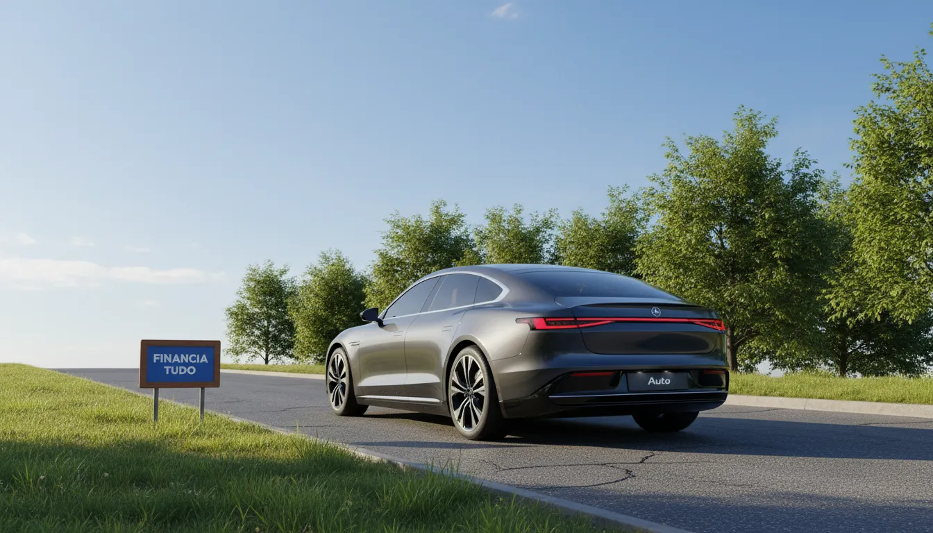 Um carro moderno estacionado em uma leve inclinação, enfatizando a importância de acionar corretamente o freio de estacionamento ao usar um câmbio automático. Logotipo da Financia Tudo em uma placa próxima ao carro.