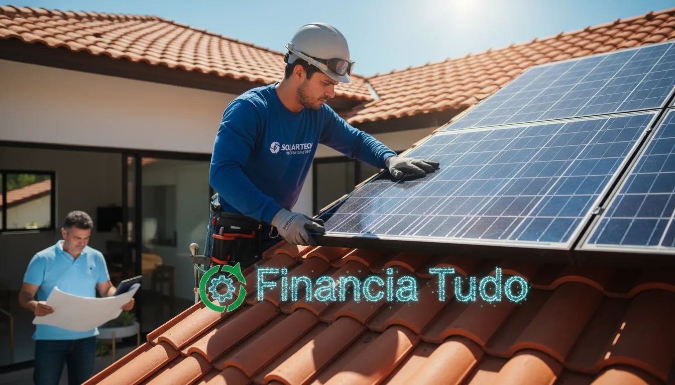 Técnico instalando placas de energia solar fotovoltaica em telhado de residência, representando investimento.
