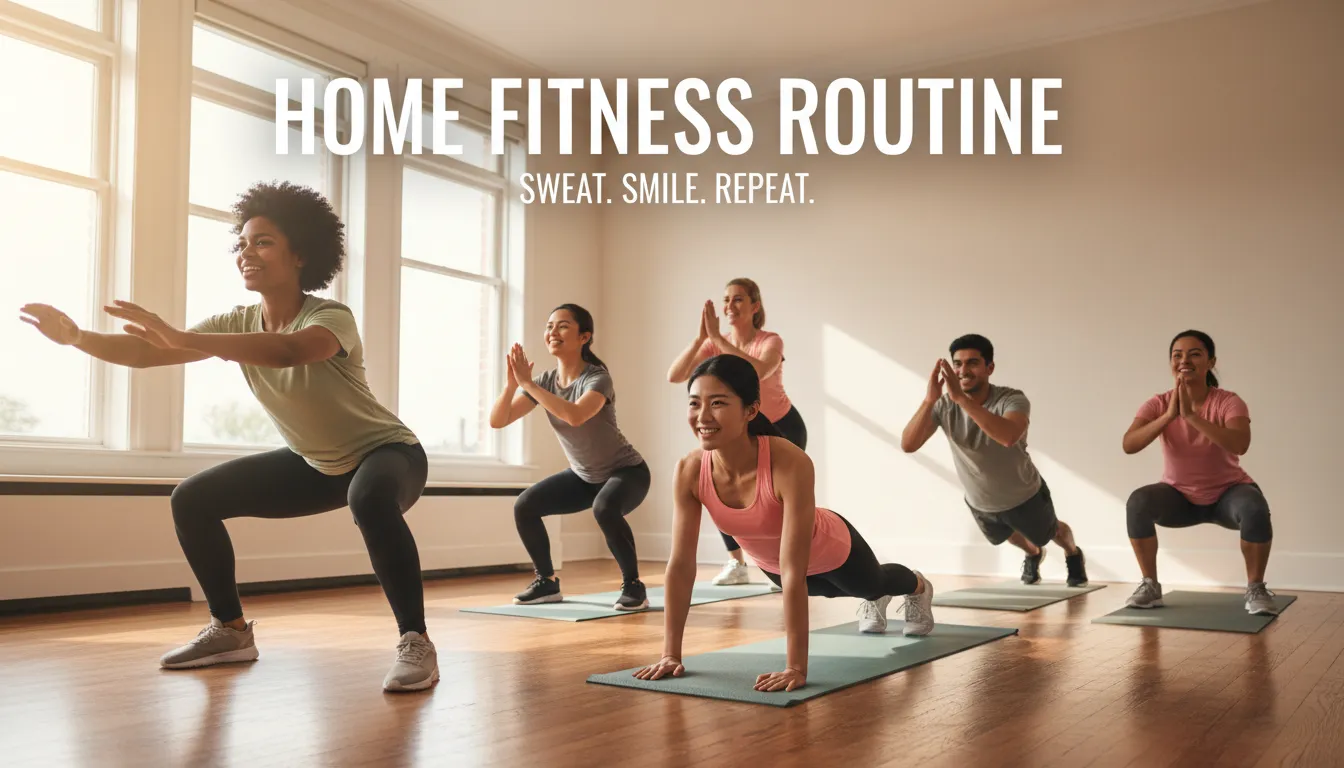 Grupo diverso de adultos faz exercícios como agachamento e flexão em casa, demonstrando alegria na prática