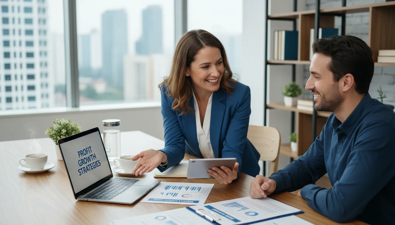 Afiliado explica serviços financeiros para cliente, simbolizando parceria e confiança.