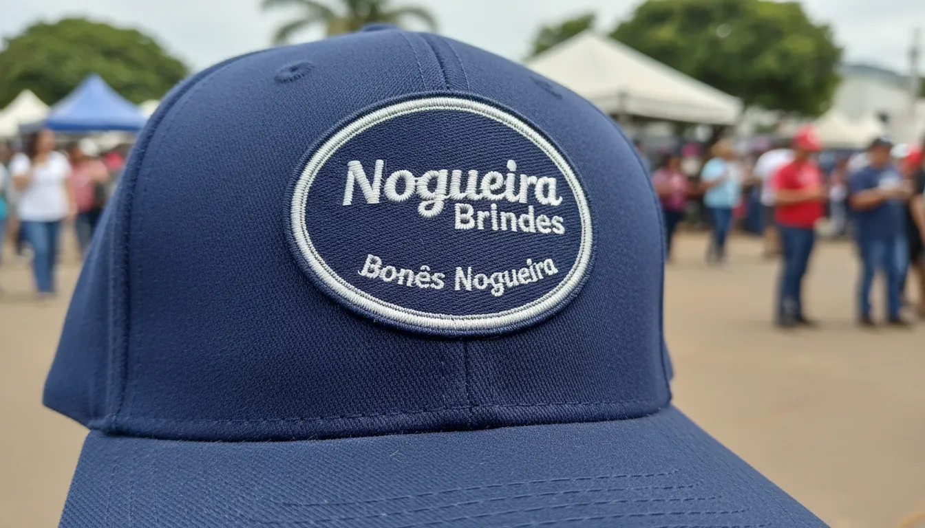 Close-up de um boné personalizado bordado com o logo da Nogueira Brindes, ideal para eventos ao ar livre.