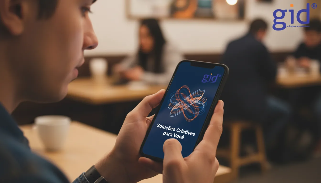 Mão segurando smartphone exibindo um anúncio personalizado e criativo, exemplificando o poder da criatividade no marketing digital e personalização.