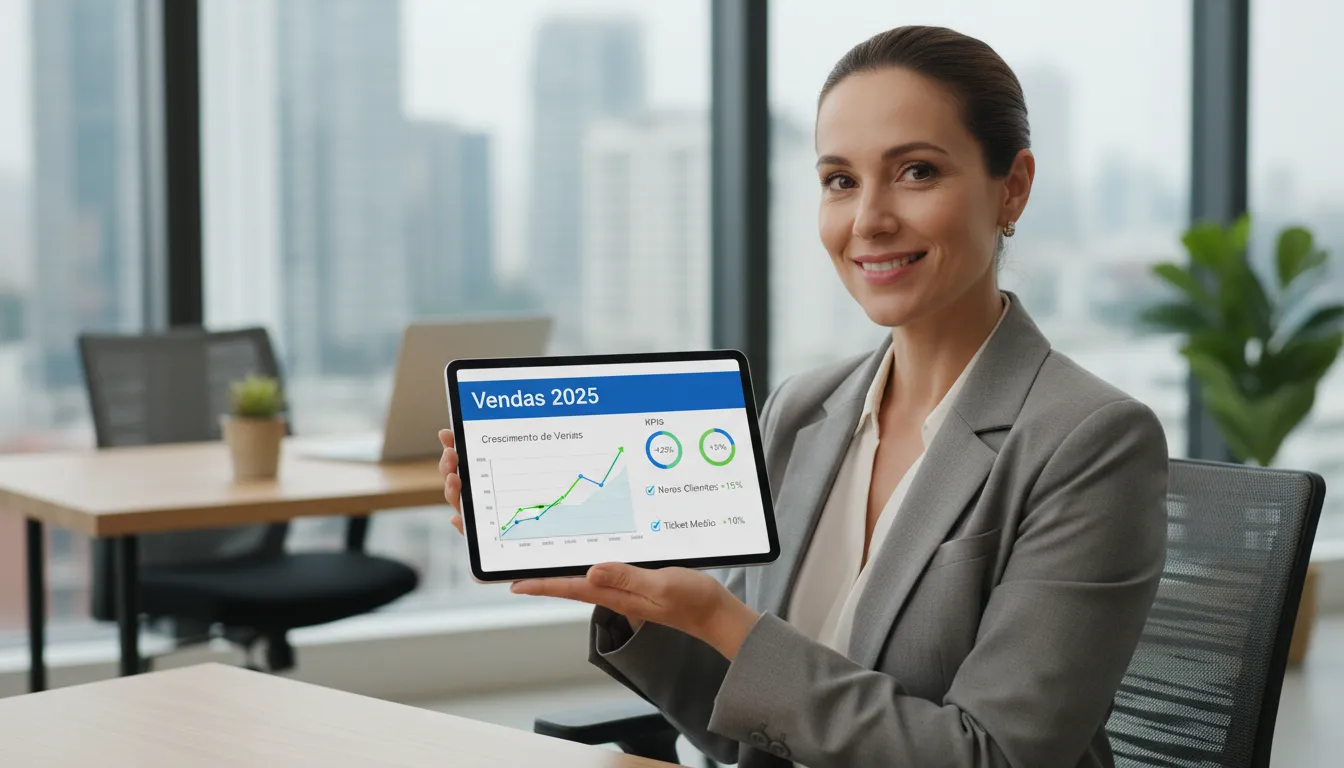 Empresário analisando dashboard de vendas em um tablet, mostrando o crescimento e como a Setup Sales pode otimizar suas vendas para 2025.