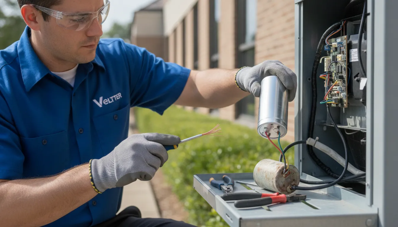 Técnico da Veltter realiza a troca do capacitor de ar condicionado com precisão e técnica.