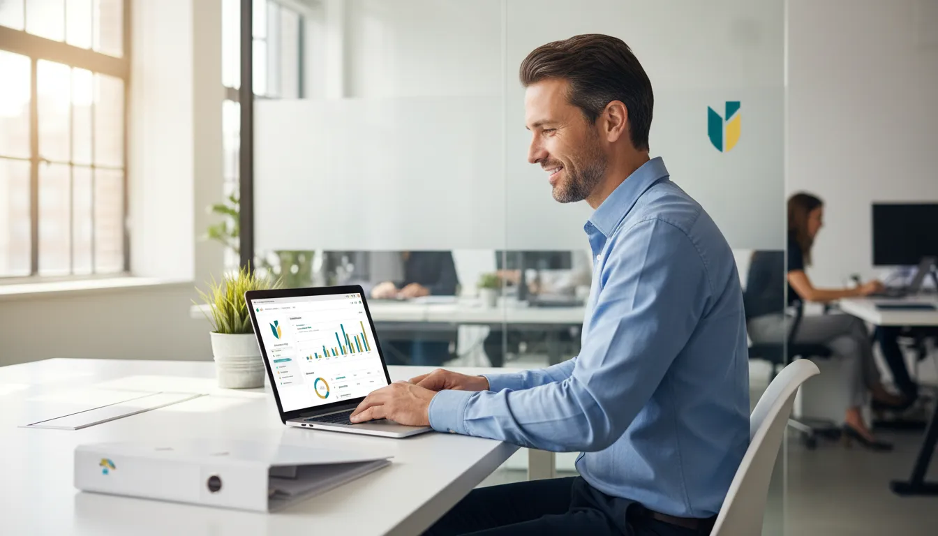 Contador utilizando software de gestão financeira para evitar o desenquadramento MEI, demonstrando controle e planejamento estratégico para o cliente.