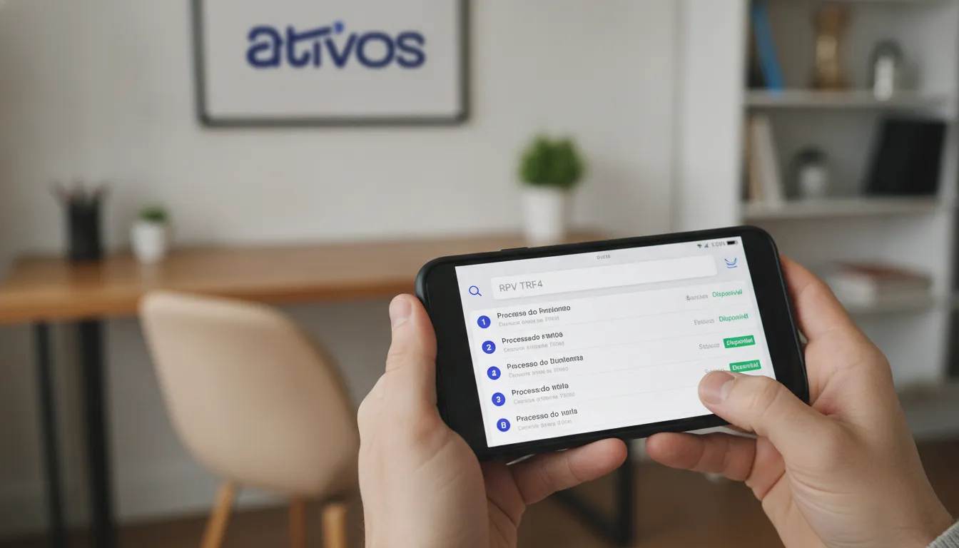 Mãos seguram tablet exibindo consulta RPV TRF4 em plataforma digital, facilitando acompanhamento.