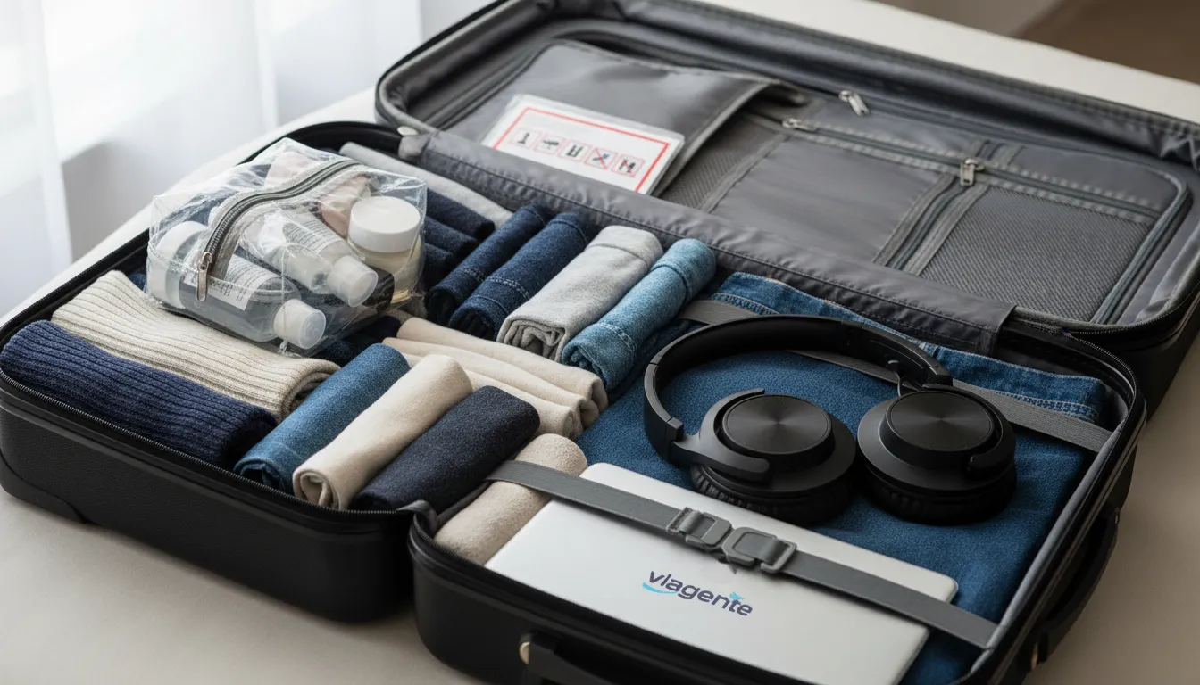 Mala de mão organizada com itens de higiene pessoal, tablet e fones, mostrando o que pode levar na bagagem de mão.