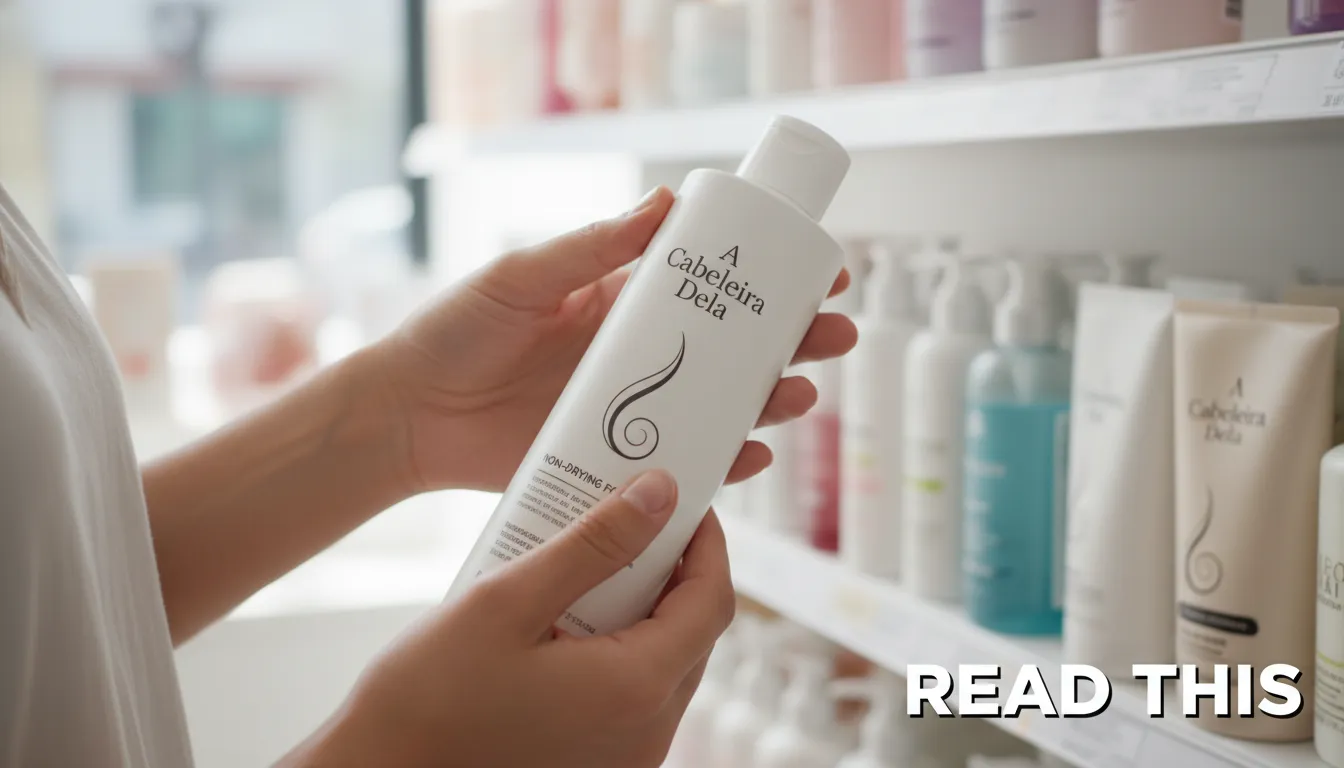 Mãos escolhendo produto específico para tratar cabelo com caspa sem ressecar, priorizando ingredientes suaves.