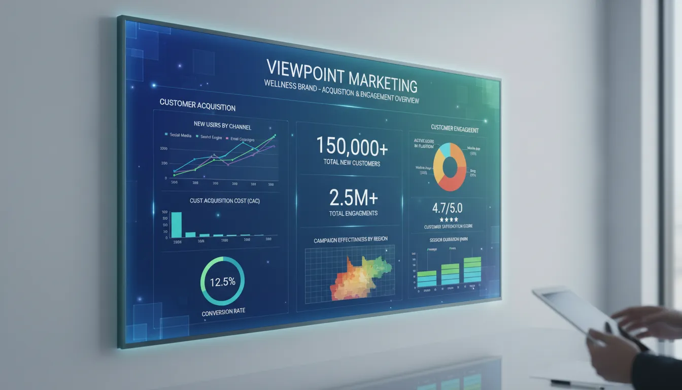 Representação de um dashboard de marketing digital, evidenciando como o mapa jornada do cliente da Viewpoint leva a decisões estratégicas baseadas em dados para o sucesso.