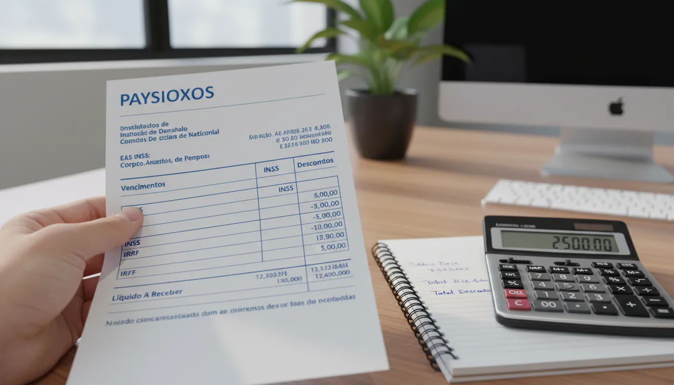 Contracheque com descontos de décimo terceiro ao lado de calculadora e anotações financeiras.
