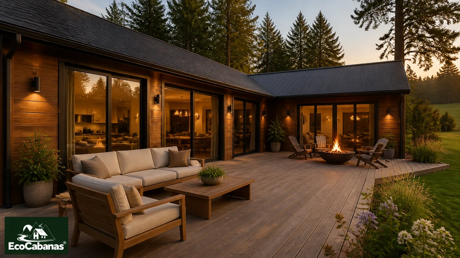 Pátio interno de casa de campo em L integrando deck de madeira e área de convivência.