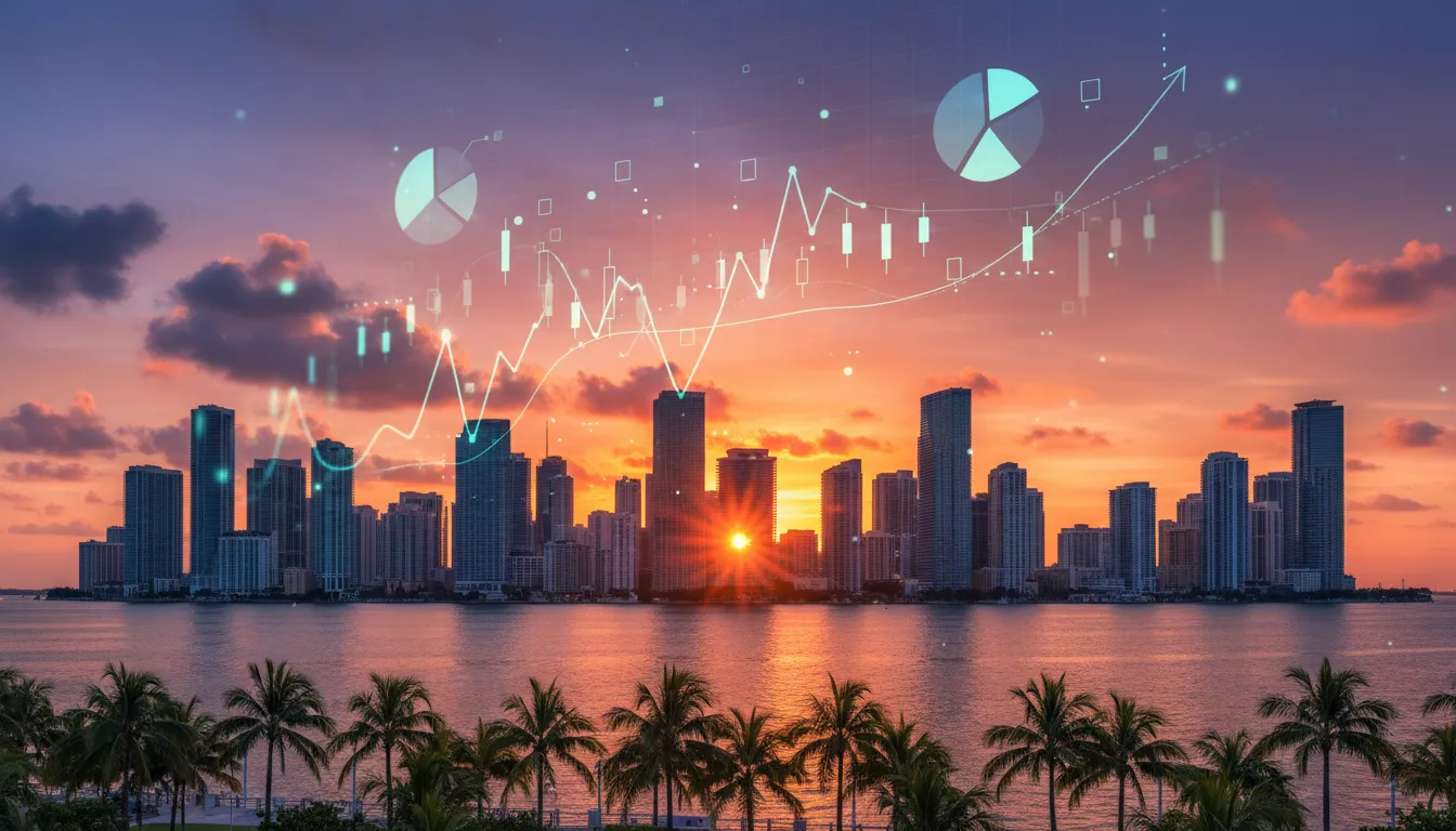Vista panorâmica do horizonte de Miami ao pôr do sol, simbolizando oportunidades de negócios. Consultoria tributária na Flórida para o crescimento empresarial.