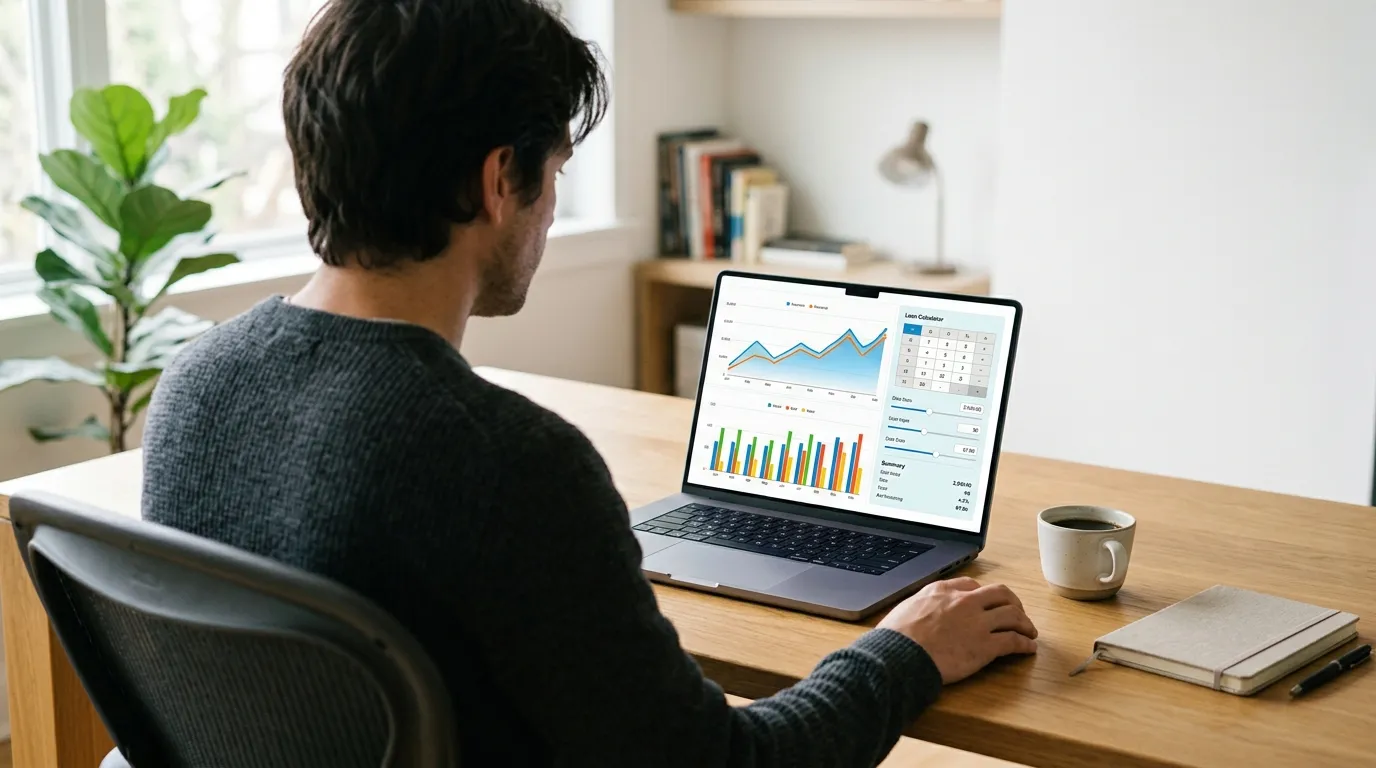 Notebook mostrando gráficos financeiros sobre refinanciamento de veículo quitado em escritório.