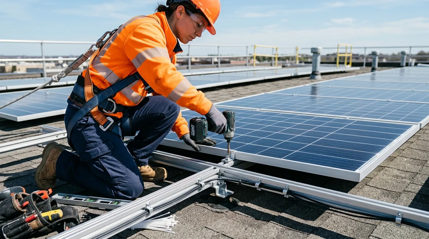 Instalador montando placas solares para comparar energia solar por assinatura ou placas solares.