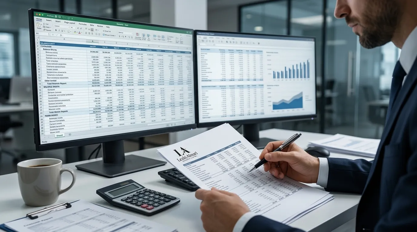 Consultor analisando relatórios fiscais focando nas especialidades da contabilidade empresarial.