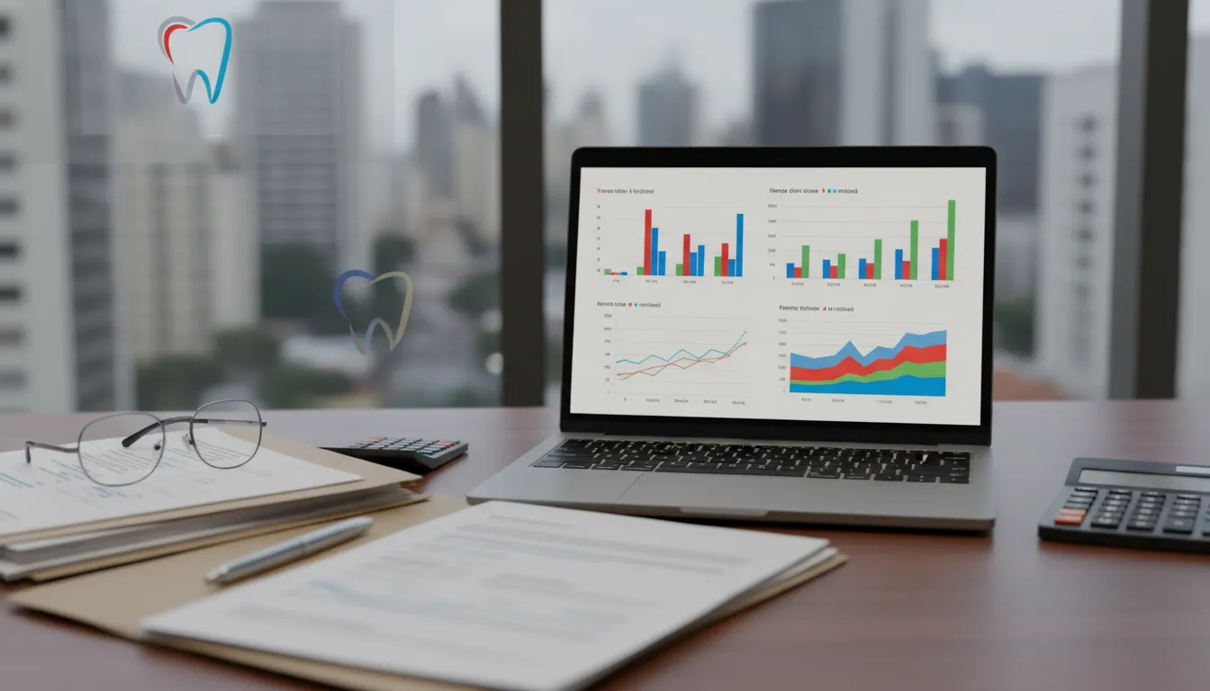 Mesa de escritório organizada com gráficos financeiros em um laptop, representando a importância da contabilidade para clínicas odontológicas em São Paulo.