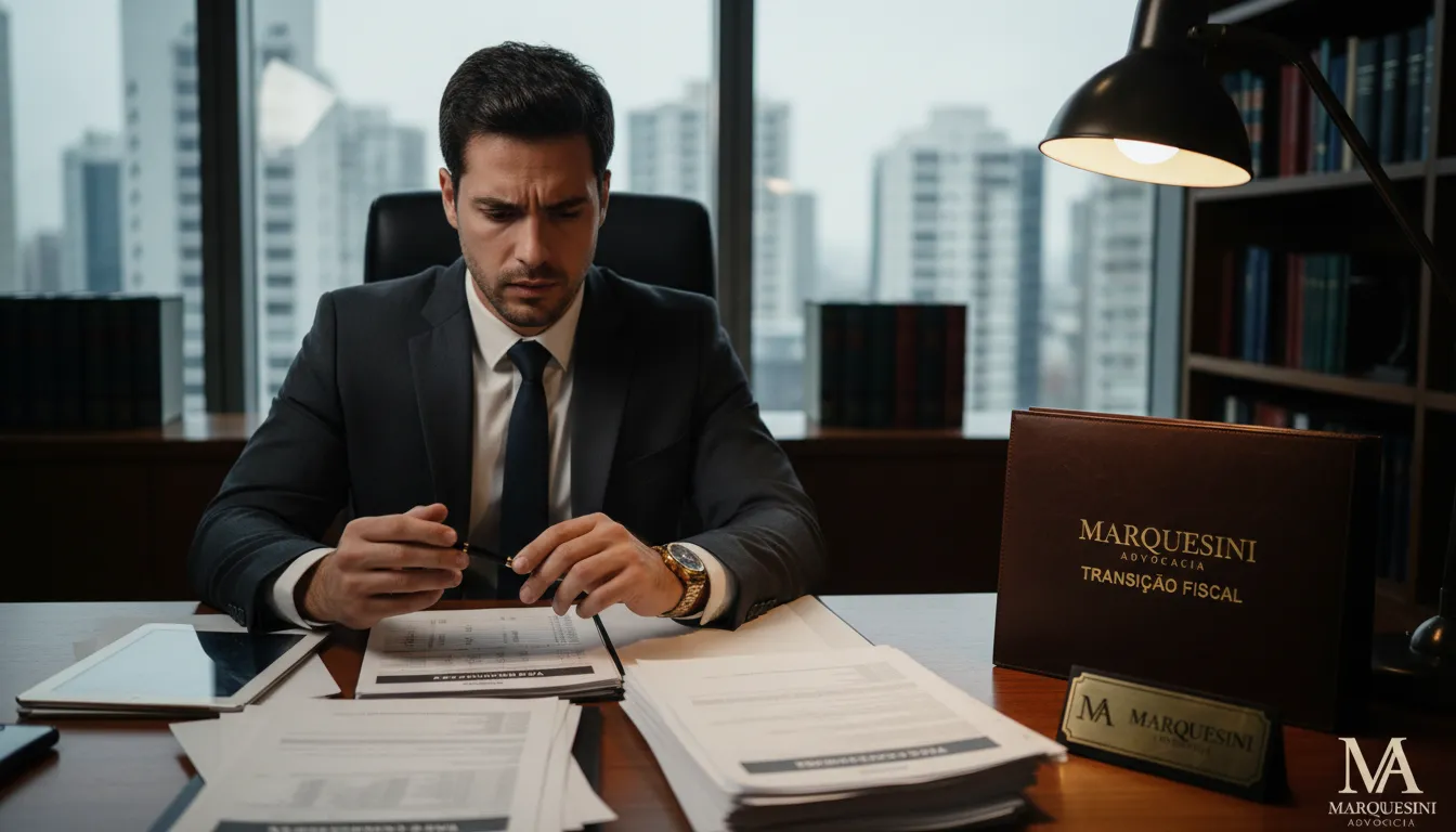 Empresário preocupado revisa documentos fiscais sobre a transição reforma tributária; logo da Marquesini Advocacia em destaque.