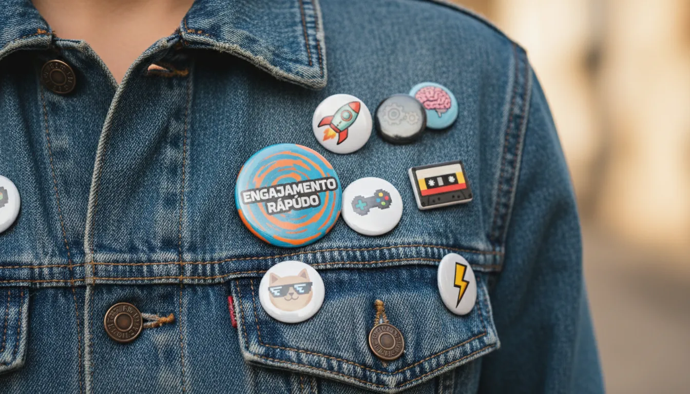 Detalhe de uma jaqueta jeans com bottons personalizados, demonstrando o uso dos bottons para expressar individualidade e engajamento.