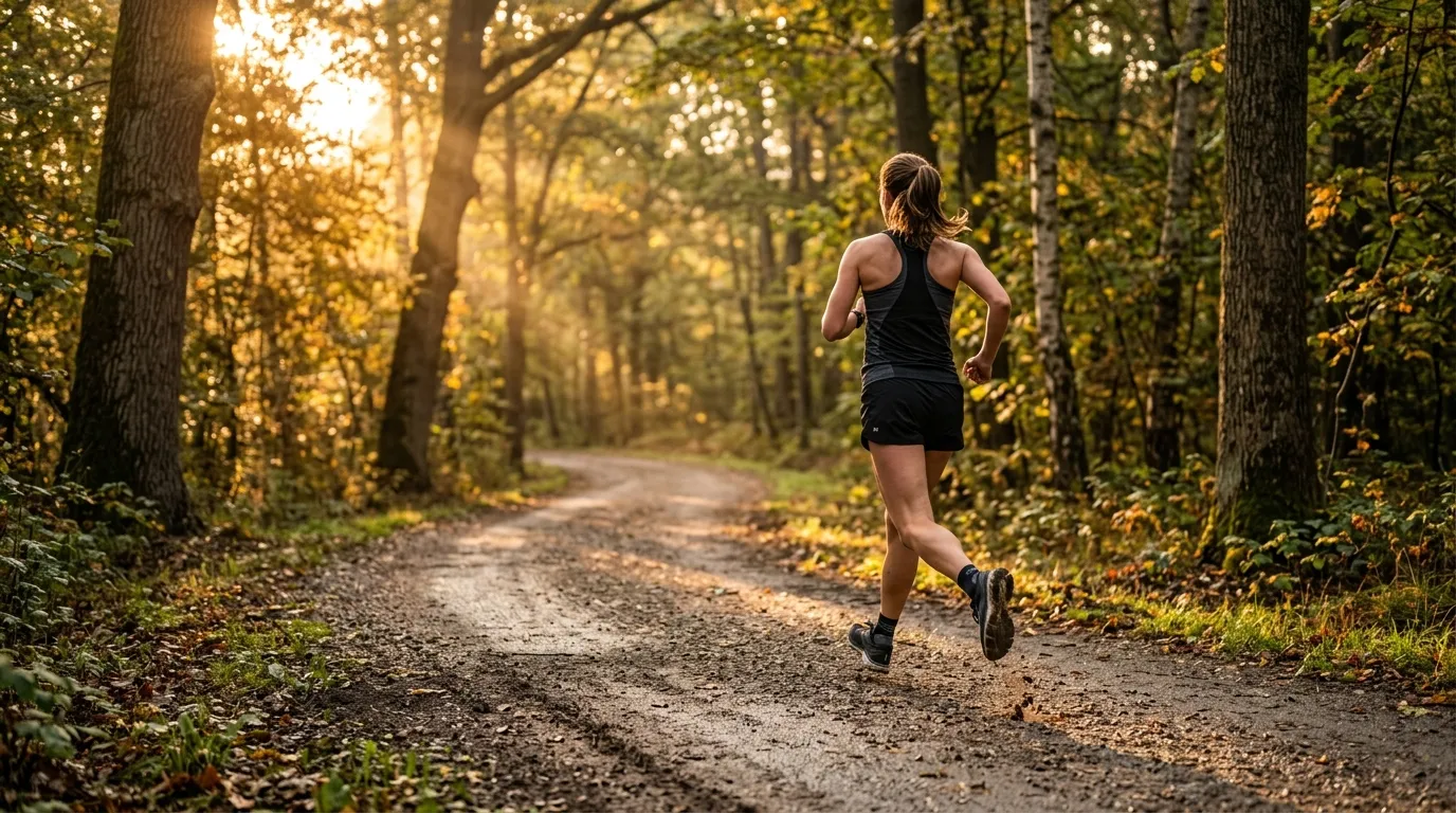 Pessoa correndo no parque ao amanhecer estimulando a vida em equilíbrio com exercícios físicos.