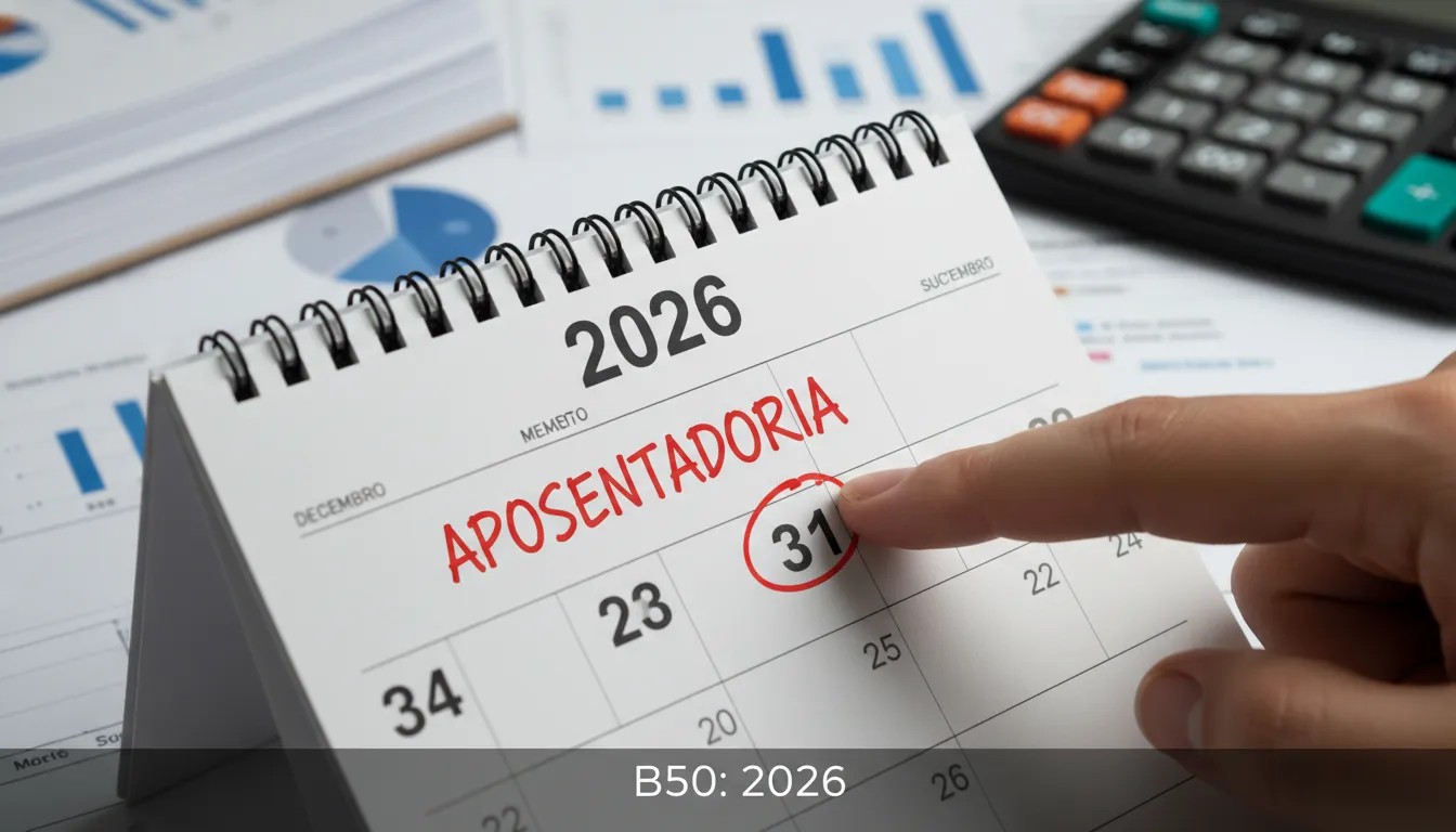 Calendário destacando 2026, ano importante para planejar a aposentadoria por idade. Visualização informativa para o portal B50.