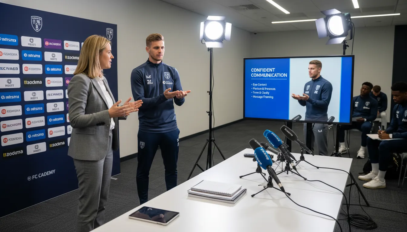 Sessão de media training em clube de futebol com atleta, treinador e orientações de comunicação
