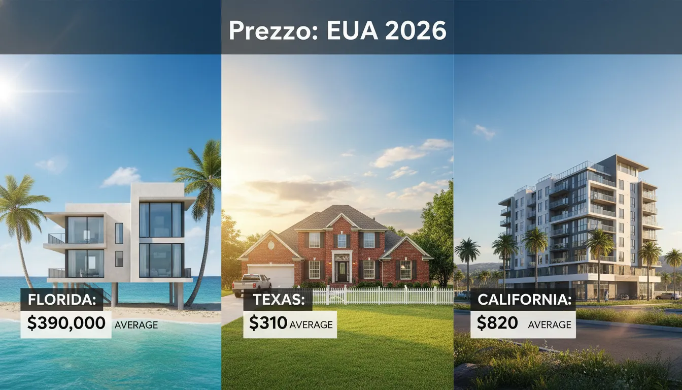 Três casas representando o custo de vida eua na Flórida, Texas e Califórnia. Imagem da Prezzo Consulting ilustrando diferenças no custo de vida eua.