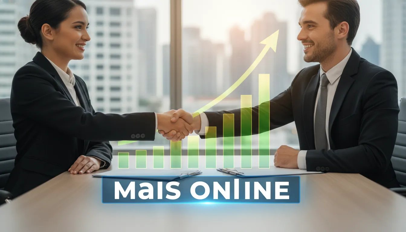 Aperto de mãos selando um acordo, com um gráfico crescente ao fundo. Margem de lucro aumentada e precificação inteligente.