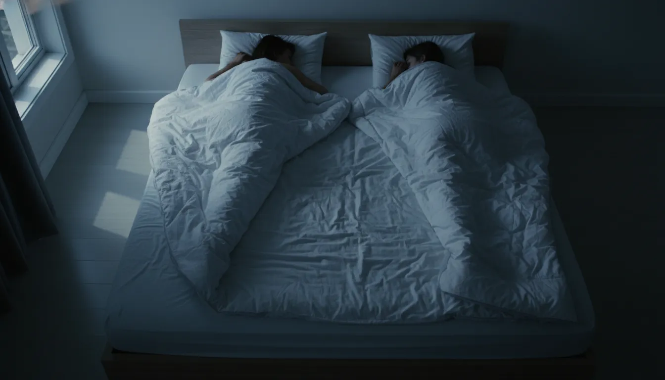 Casal na cama, virados de costas, espaço vazio entre eles ilustra o silêncio emocional e a desconexão afetiva.