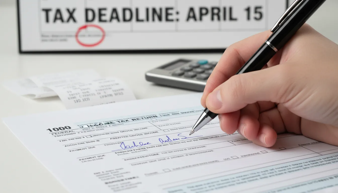 Mão segurando uma caneta ao assinar um formulário fiscal, destacando a conformidade, ilustrando Como funciona a tributação de Empresas nos EUA.