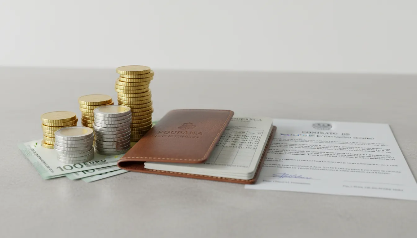 Moedas, notas e carteiras de poupança representando aplicação segura da reserva de emergência.