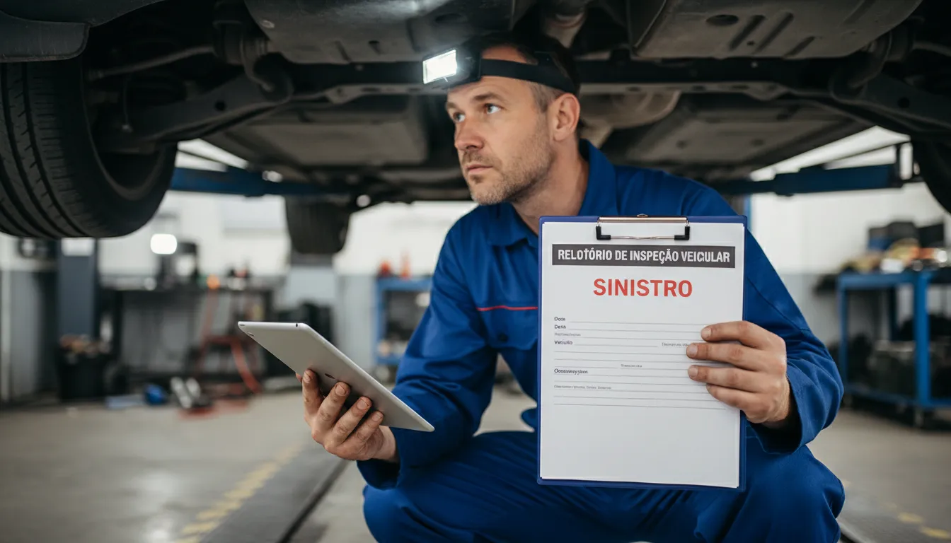 Mecânico realizando inspeção de veículo sinistrado com relatório detalhado em mãos