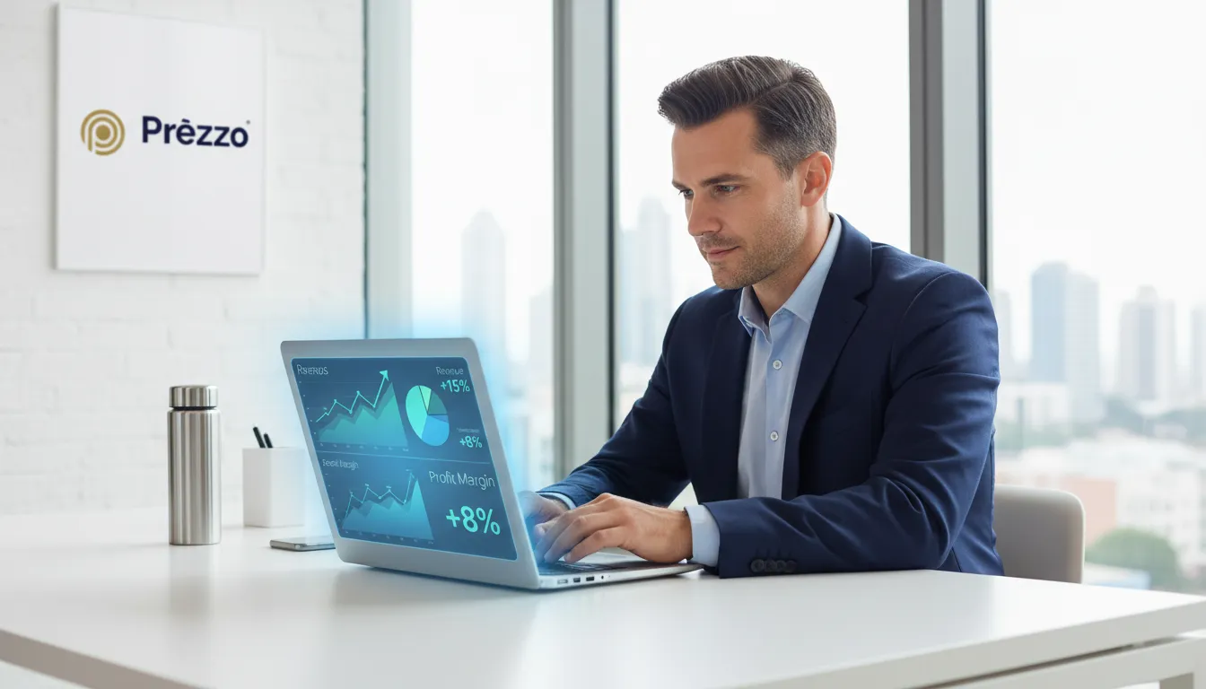 Empresário confiante revisando relatórios financeiros digitais claros, ilustrando o controle e crescimento proporcionados por uma holding familiar.