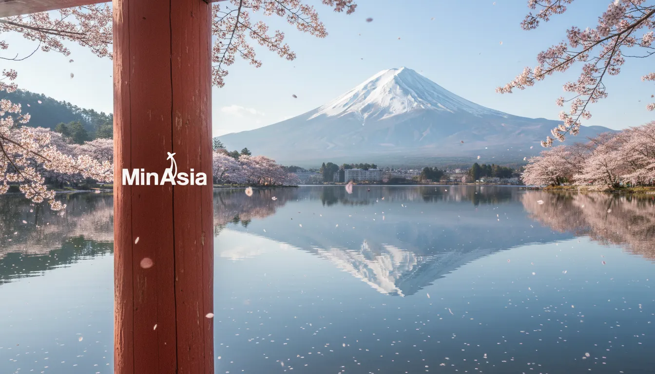 Viagem para o Japão: Portão torii tradicional e Monte Fuji refletidos em lago sereno com sakura florescendo.