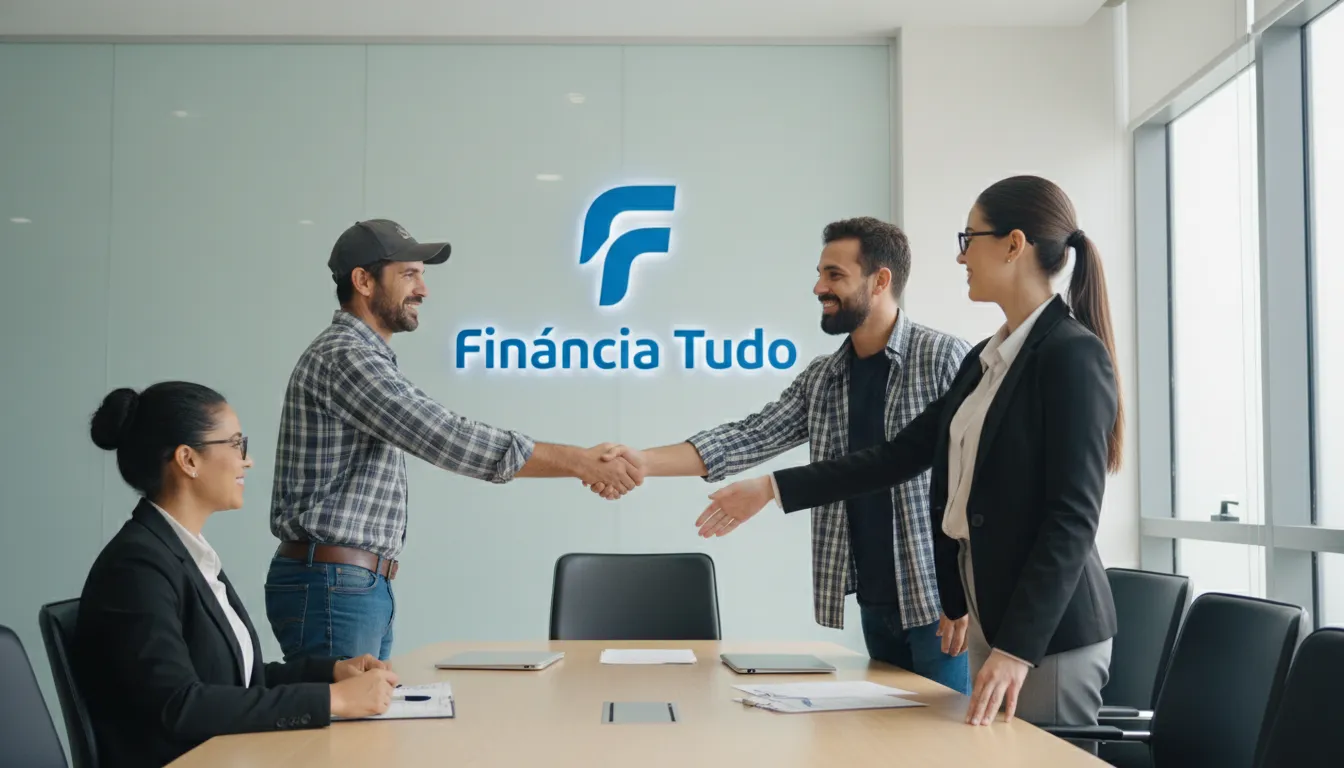 Grupo de motoristas e consultores financeiros em acordo, logo da Financia Tudo ao fundo. Imagem para artigo sobre financiamento de caminhões.