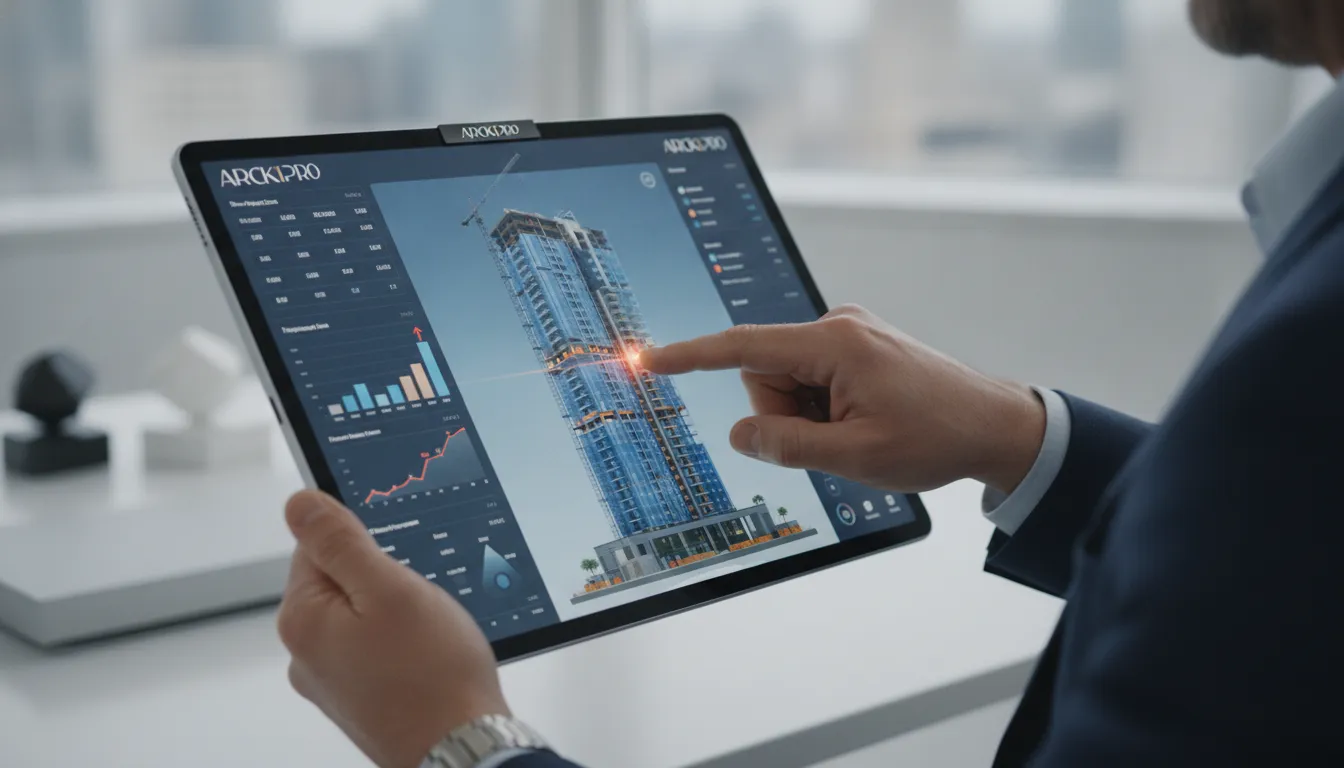 Interface digital detalhada com modelo BIM de empreendimento de luxo, destacando imóveis de alto padrão como investimento.
