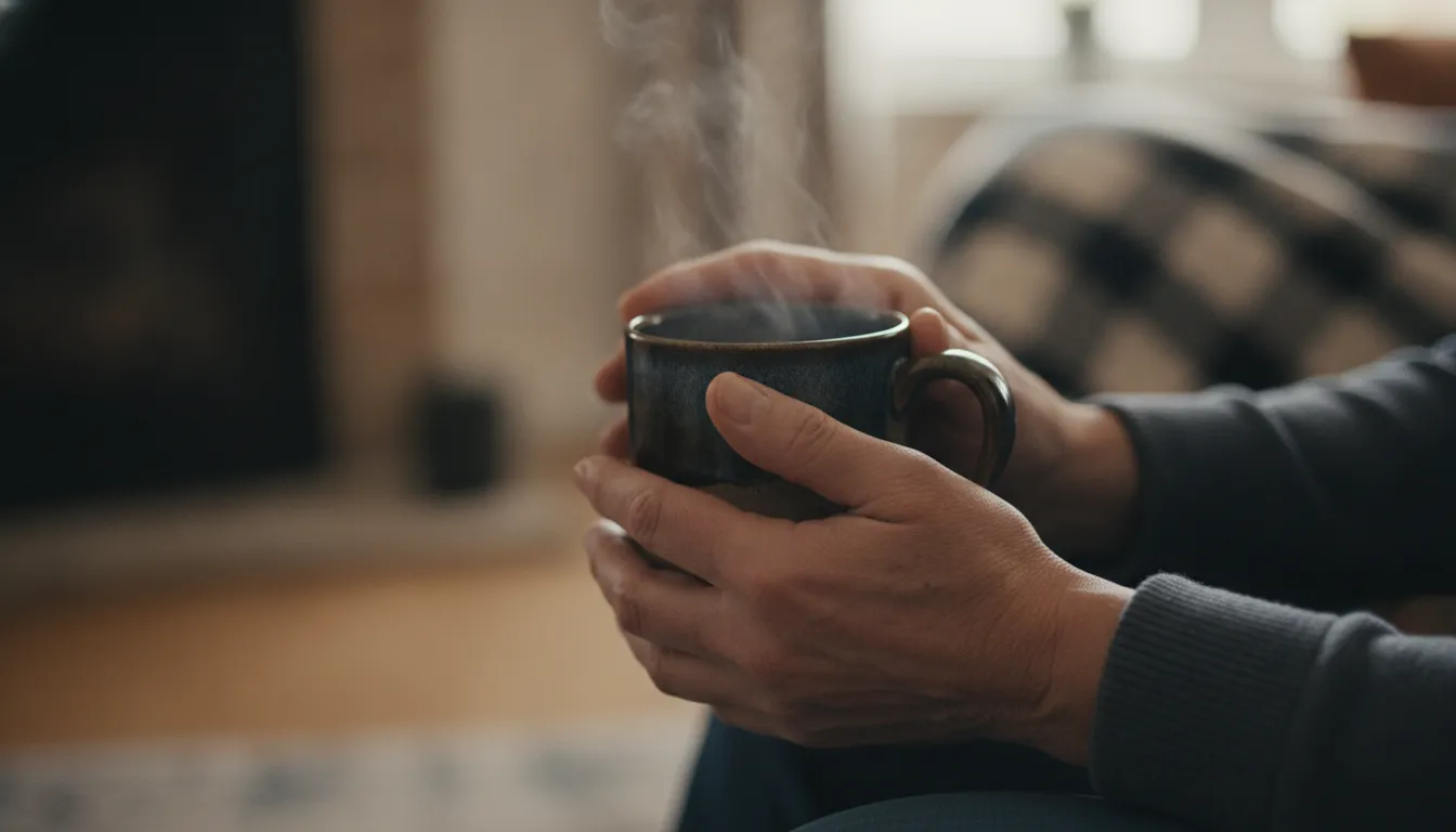 Mãos se encontram sobre caneca, simbolizando apoio e conforto em um momento de luto.
