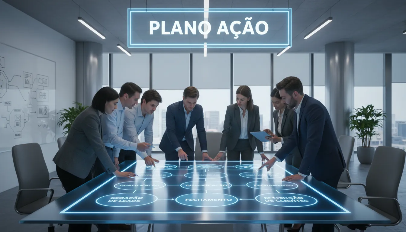 Equipe colaborando em torno de uma mesa touchscreen com roadmap de vendas, mostrando como a tecnologia alavanca o crescimento criativo através do planejamento estratégico.