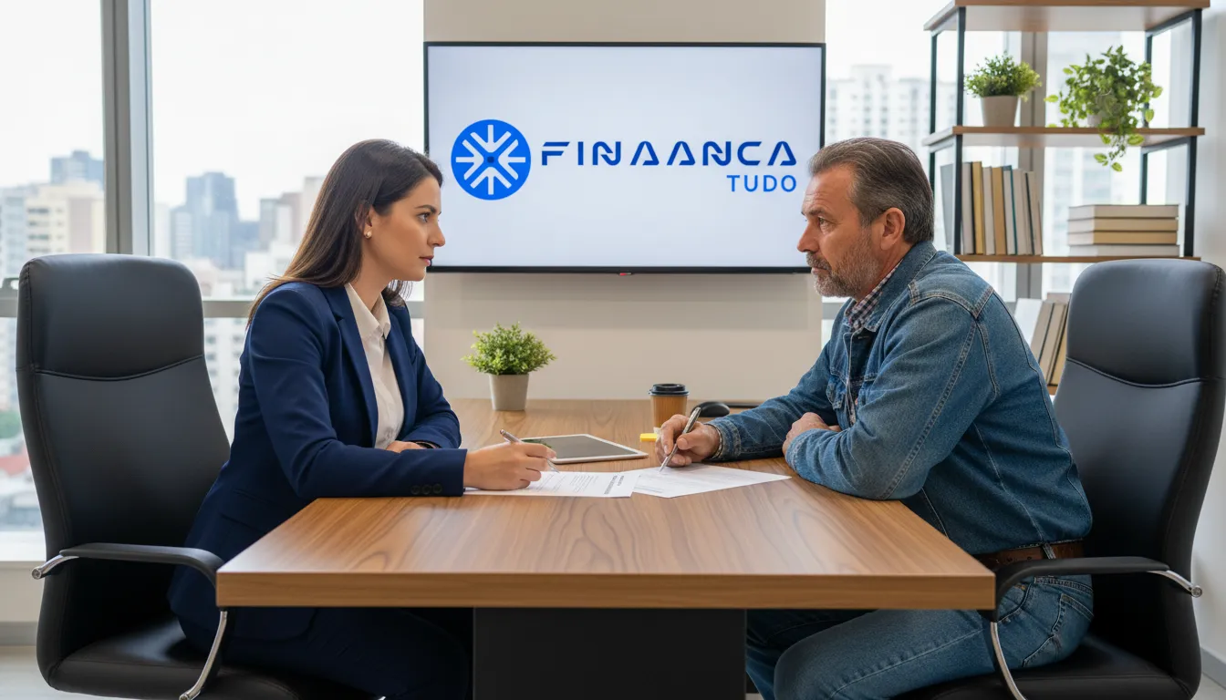 Consultor financeiro da Financia Tudo orienta cliente na escolha do melhor financiamento de caminhão para trabalhar, promovendo segurança e transparência.