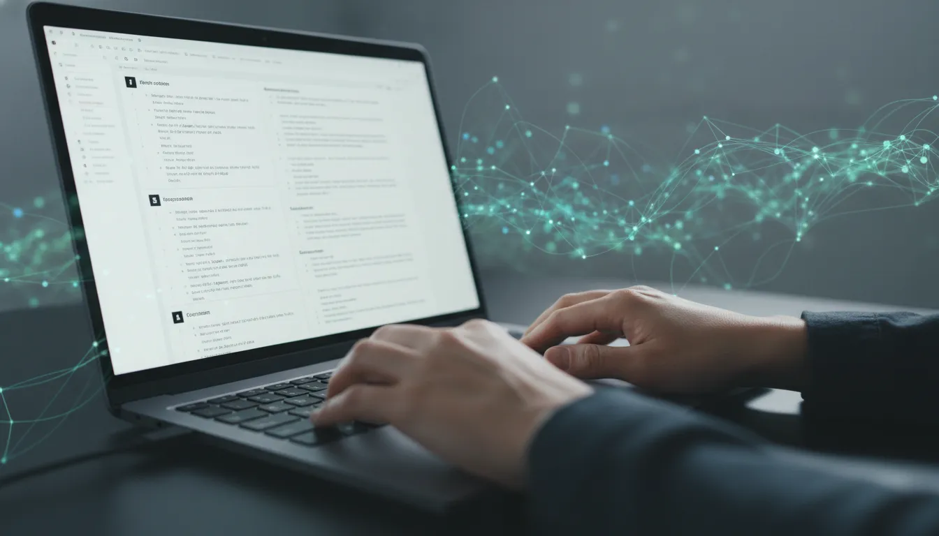 Mãos digitando conteúdo otimizado para seo em um laptop, com elementos sutis de automação.